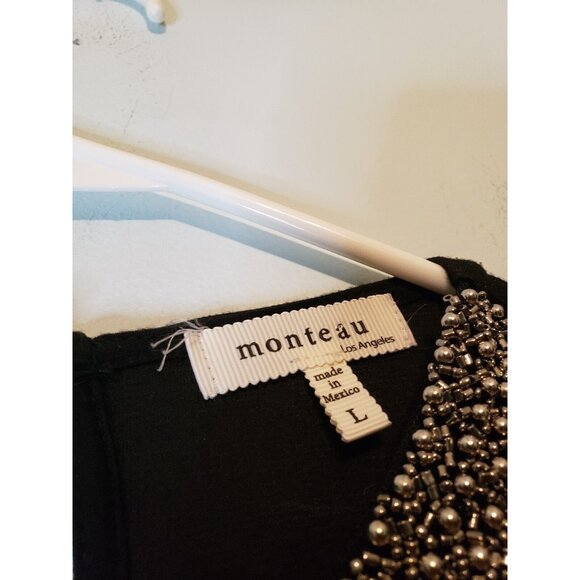 Monteau Womens Sz L Dress Beaded Collar Black Cap Sleeve A Line Knee Length - Picture 5 of 6